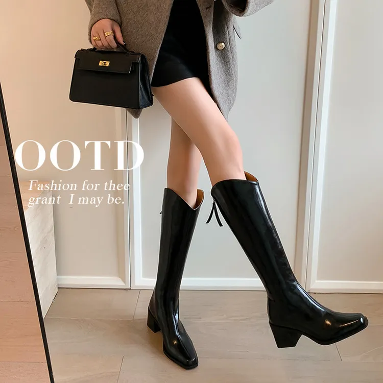 6.5cm/粗跟显瘦真皮女V口时尚长靴女2025年秋冬新款真皮长筒靴