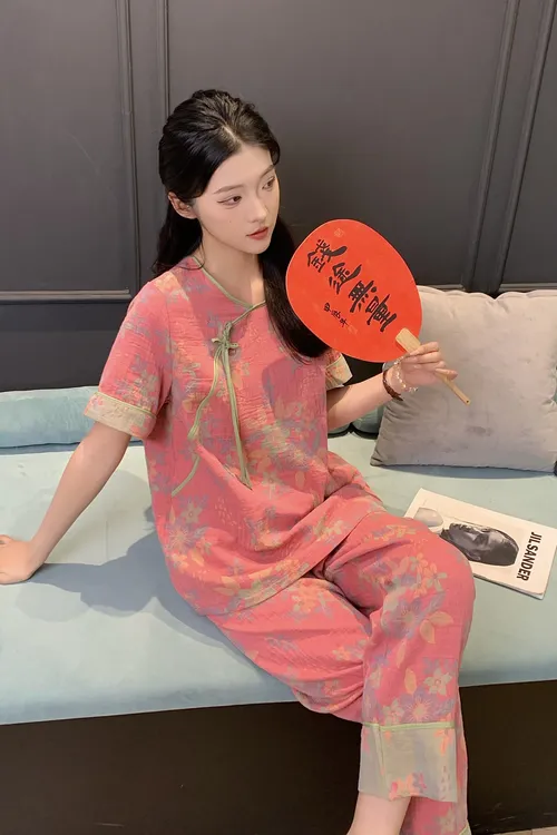 夏季薄款短袖长裤睡衣大码网红新中式国风女士家居服套装1073