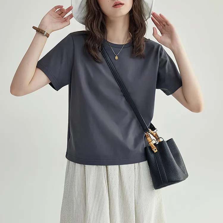 冰爽棉短袖T恤烟灰色高级感上衣圆领正肩显瘦百搭休闲打底衫