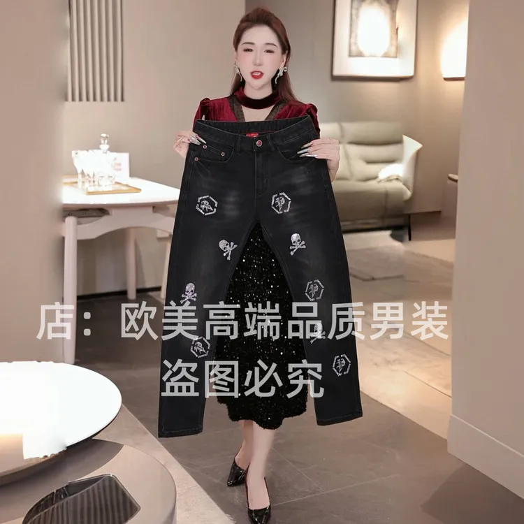 秋冬季高端美式烫钻印花欧货男士牛仔裤黑色修身小直筒弹力高街潮