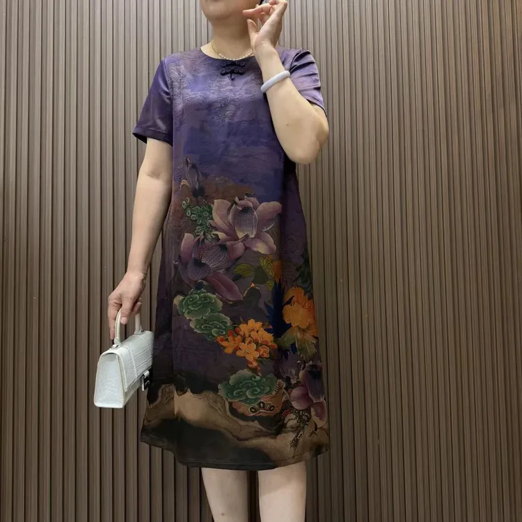 重磅国风印花时尚连衣裙慵懒风气质百搭妈妈装碎花中长款显瘦