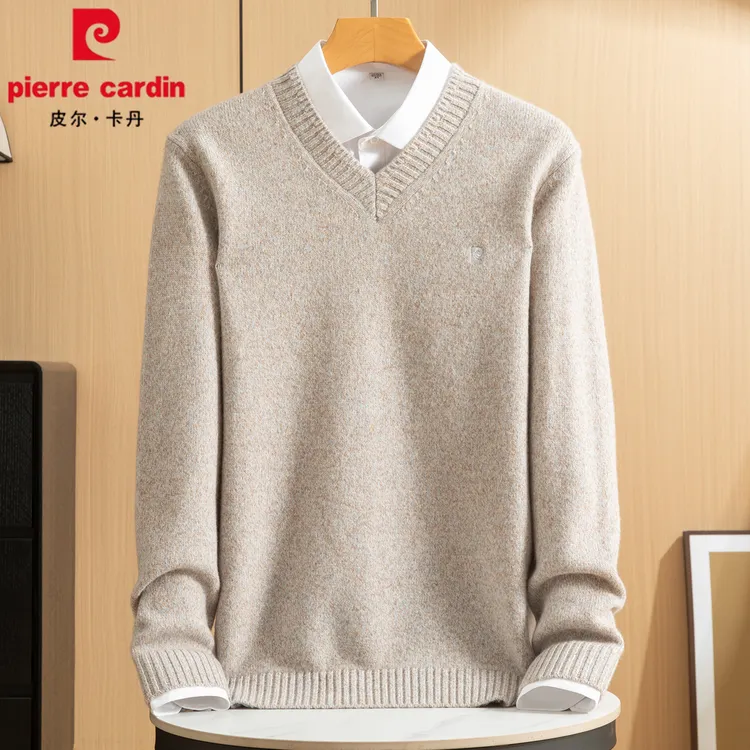 皮尔卡丹羊毛衫男100%纯羊毛V领毛衣冬季加厚长袖男士针织针织衫