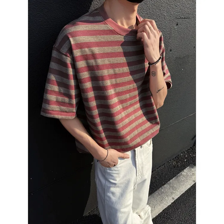 韩版条纹短袖T恤男夏季美式复古vibe宽松休闲痞帅五分袖体恤男潮