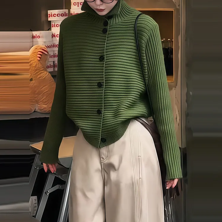韩系慵懒风单排扣高领毛衣开衫女装新款秋冬宽松高级感针织衫上衣