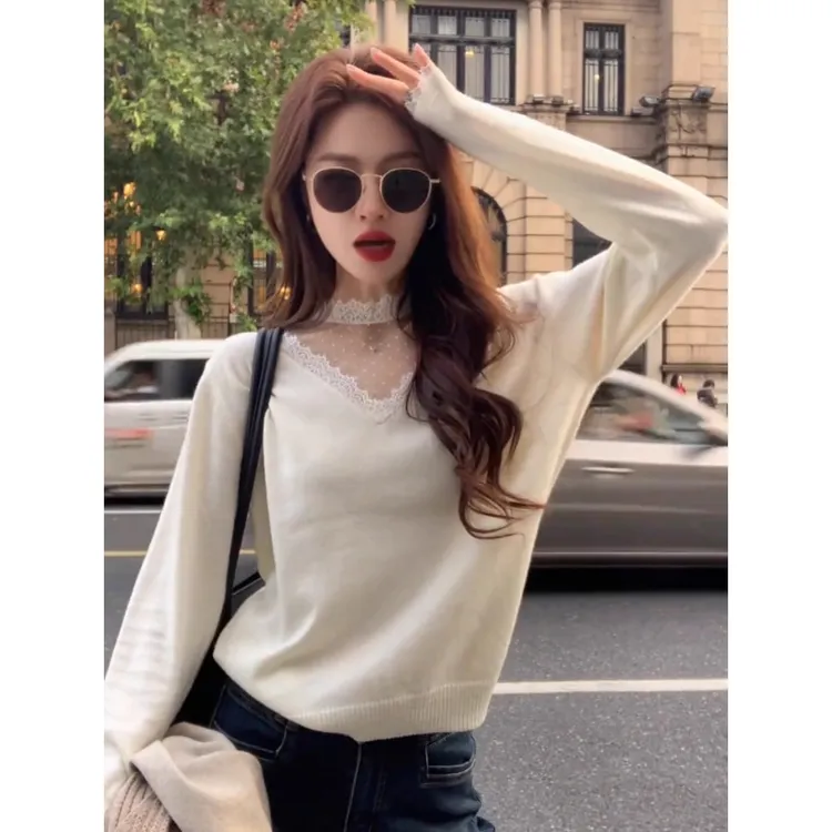 蕾丝拼接白色半高领针织打底衫女秋冬轻奢高级感毛衣内搭气质上衣