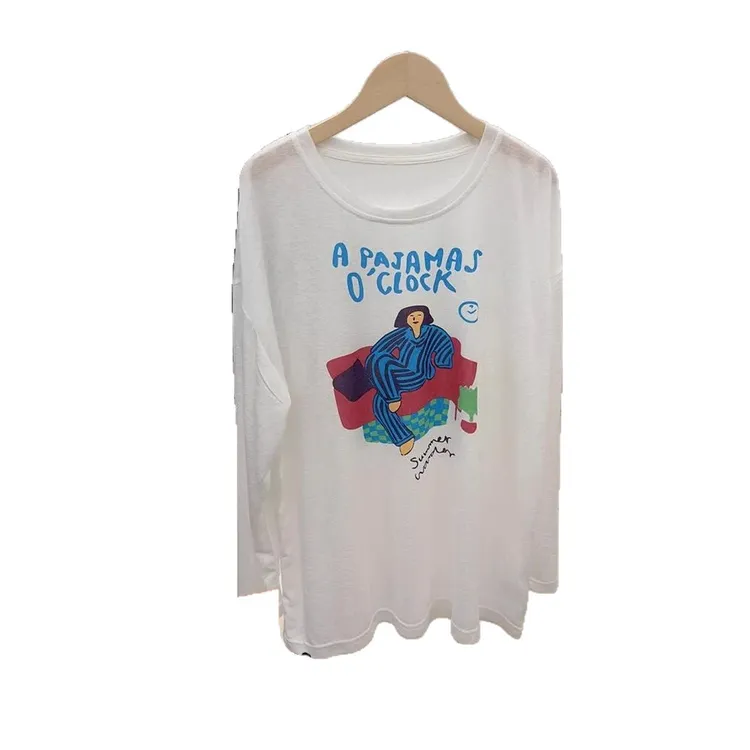 长袖白色时尚休闲百搭宽松印花卡通女士夏季简约长款圆领均码MD防