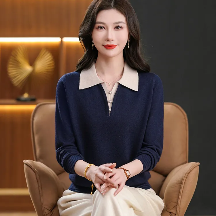 2025秋冬新款POLO领翻领纽扣中老年针织衫中老年女装V领羊毛衣女