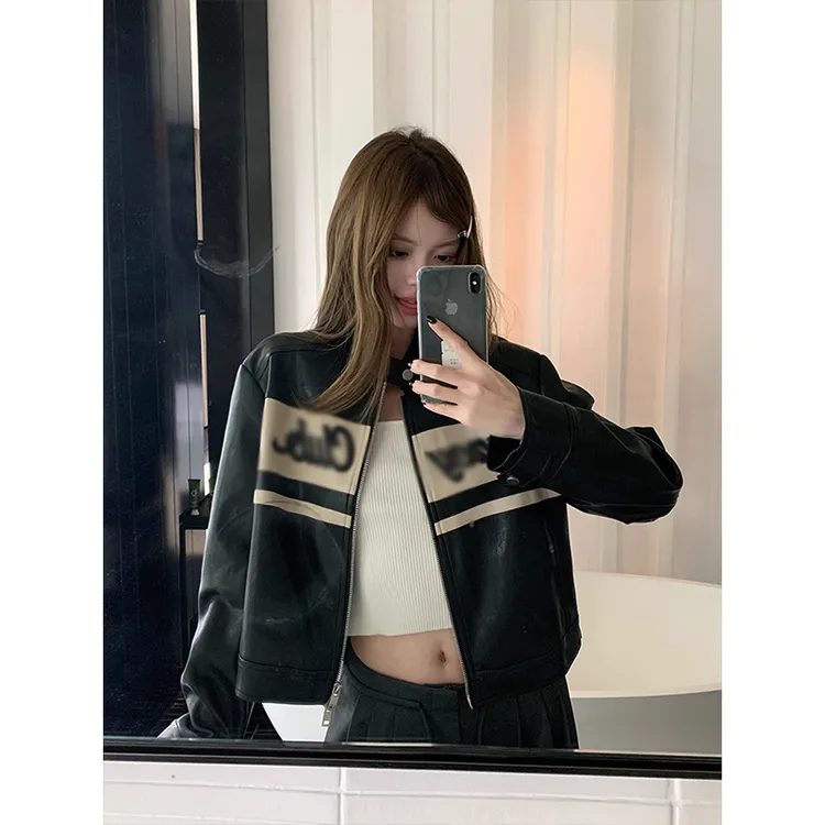 高级感黑色复古机车皮衣外套女2025秋季新款撞色拼接PU皮夹克上衣