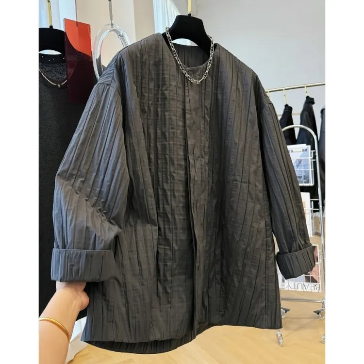 02437高级感设计感气质圆领宽松棉外套风衣加厚上衣女2025秋冬款