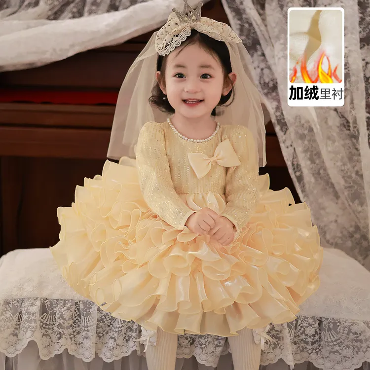 女宝周岁生日宴蓬蓬裙礼服高端秋冬加绒洋气连衣裙花童蛋糕公主裙