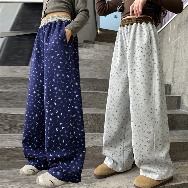 女童裤子秋装直筒阔腿裤2025新款春秋外穿中大儿童休闲碎花卫裤 