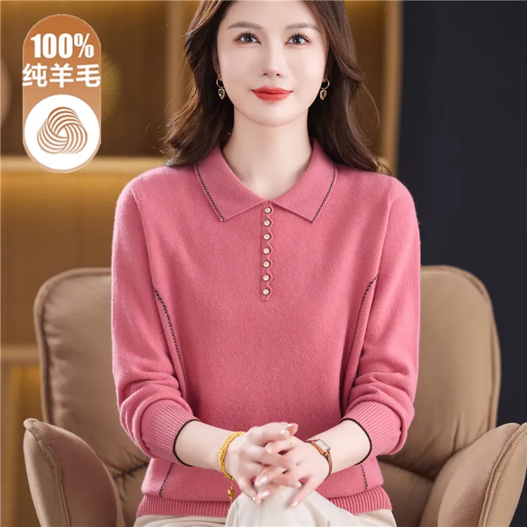 妈妈秋冬毛衣宽松大码翻领针织衫中老年女装高档100%纯羊毛打底衫