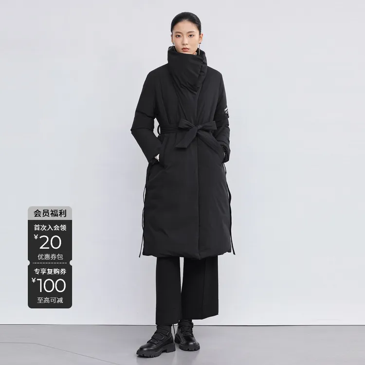 S·DEER圣迪奥女装高领撞色字母收腰长款羽绒服S224Z2401