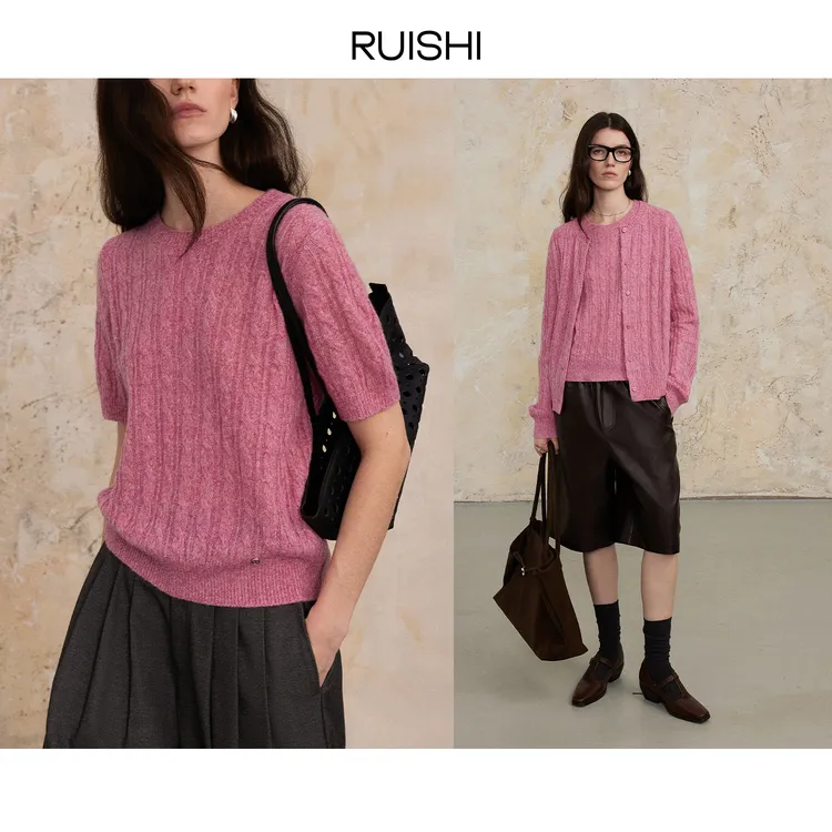 RUISHI芮时 “温暖壁炉”复古绞花短袖针织衫长袖开衫秋季套装女