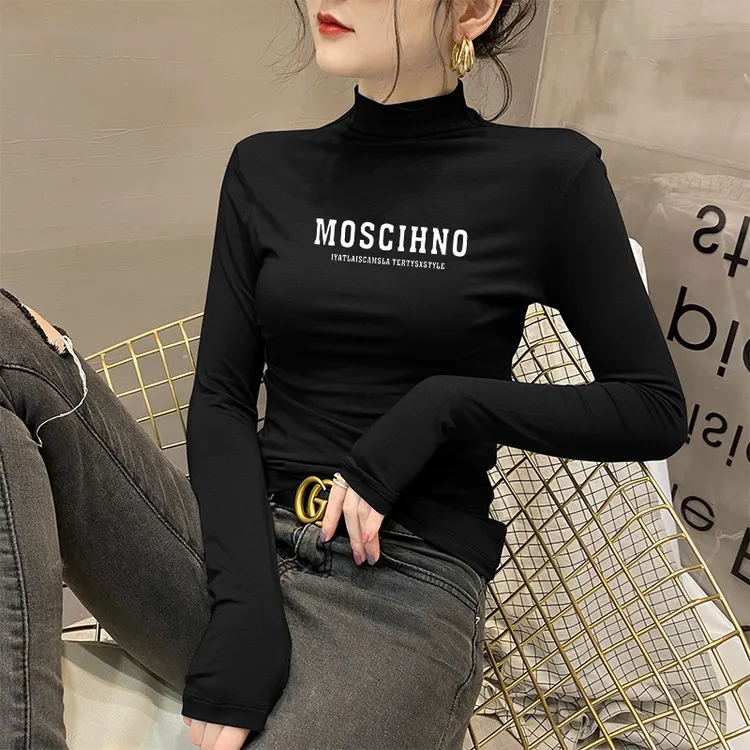 莫代尔黑色早秋半高领长袖T恤女2025新款紧身百搭打底衫洋气上衣