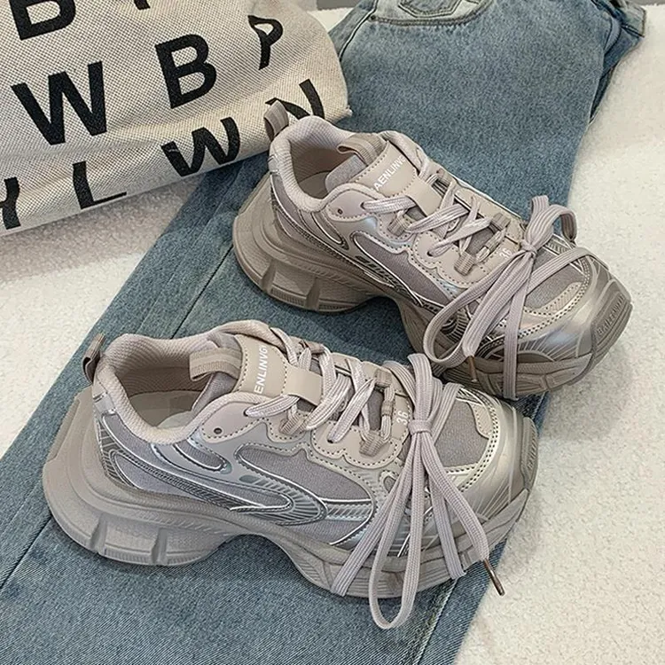 厚底老爹鞋女2025春季新款灰色网面透气巴黎重工爆款休闲运动鞋子