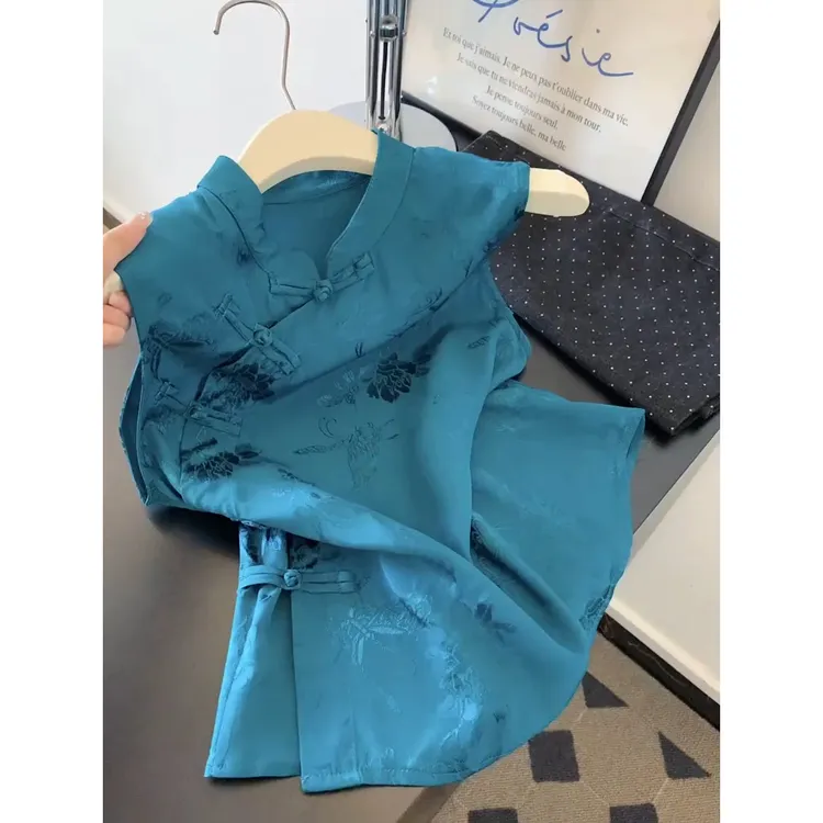 新中式国风提花盘扣立领无袖衬衫女2025夏清冷感收腰显瘦气质上衣