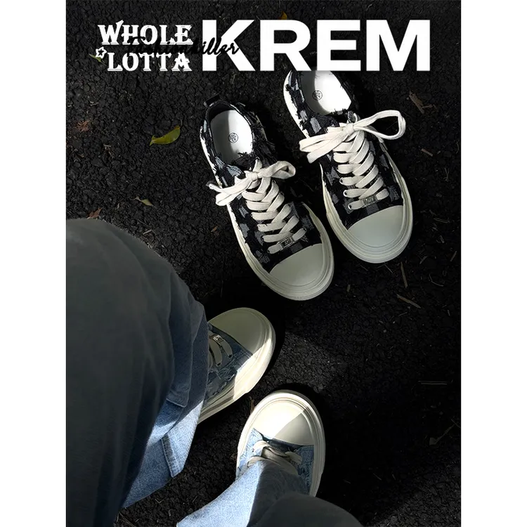 KREM新款“流苏系列”帆布鞋男格子厚底增高板鞋潮流时尚百搭休闲鞋