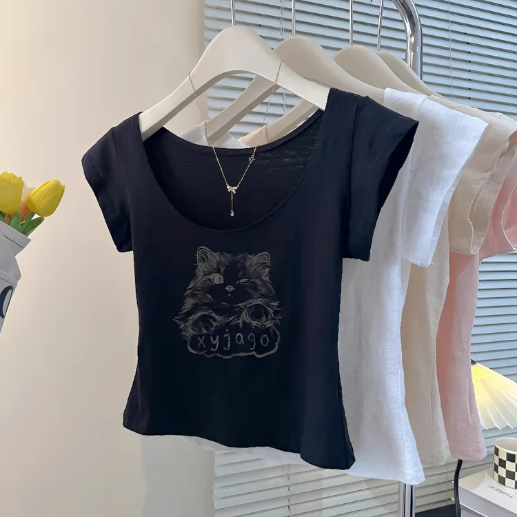 竹节棉纯欲微透U领上衣女装夏季超好看设计感小众修身外穿辣妹T恤