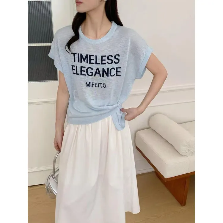 韩系圆领冰丝短袖针织衫女薄款2025年夏季时尚小飞袖上衣T恤9278