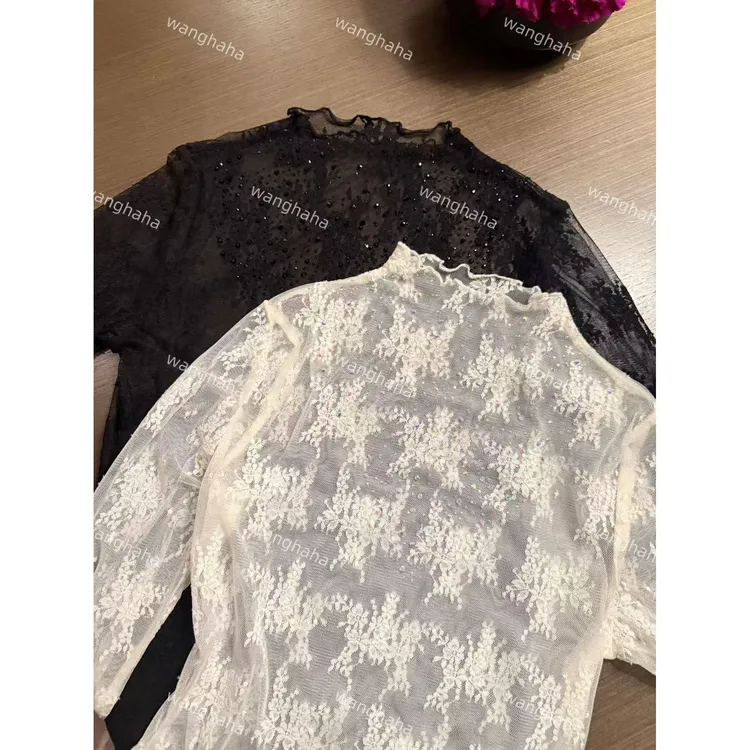 W·HAHA【蕾丝之王】蕾丝镂空花边领网纱上衣10965