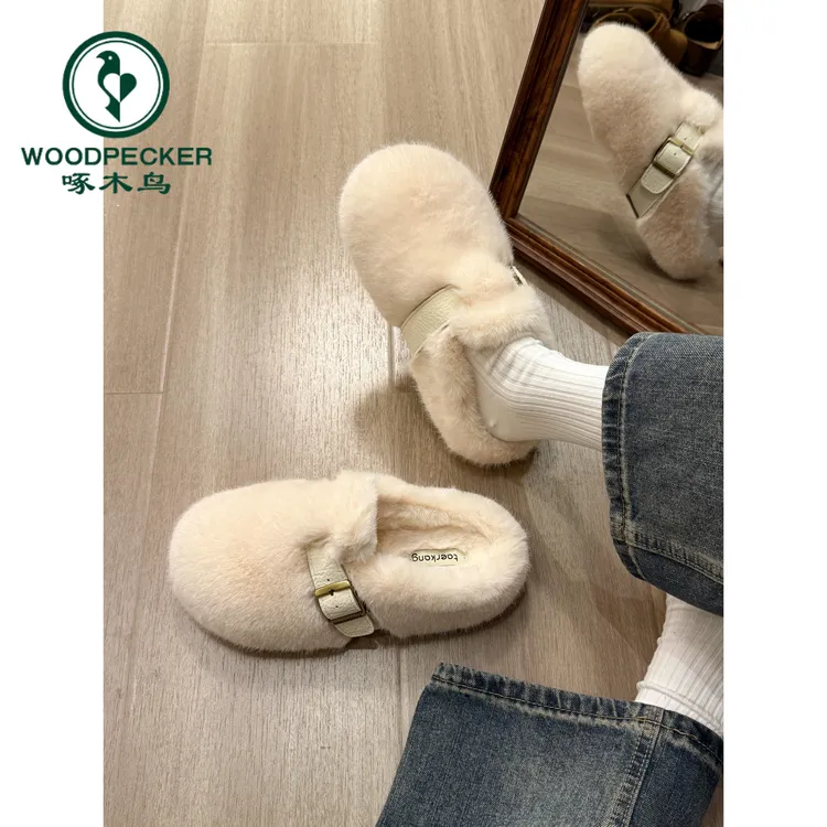 啄木鸟厚底增高包头毛毛拖鞋女外穿2025年新款毛绒脚蹬加绒棉拖鞋