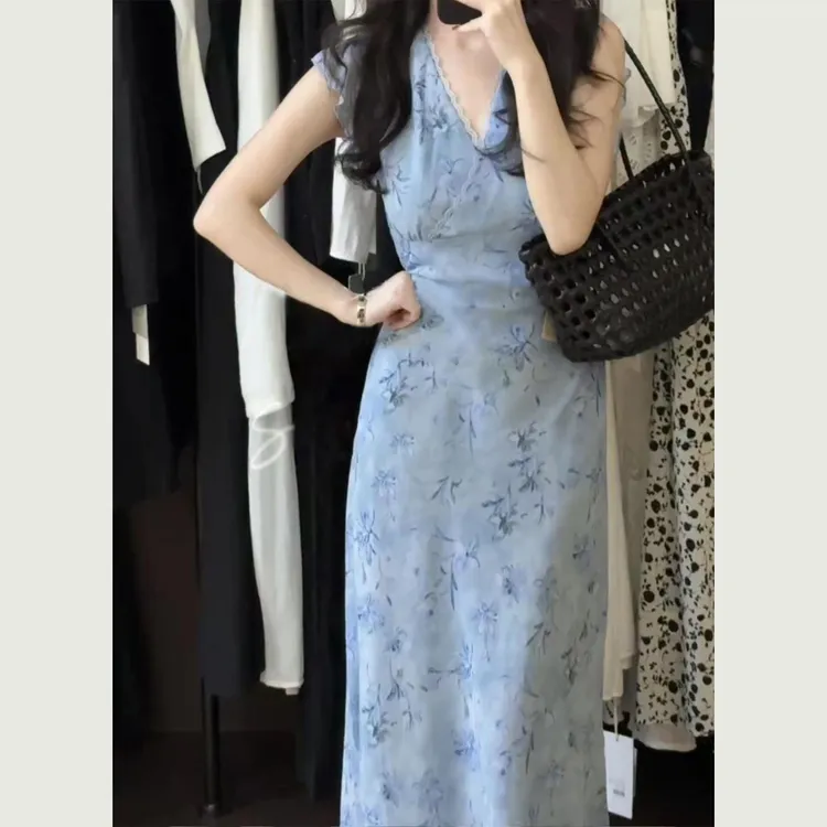 水墨画印花女2025夏季蓝色连衣裙v领碎花裙长裙子4120