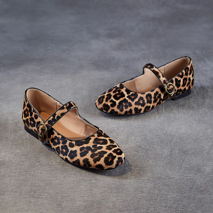 豹纹马毛平跟玛丽珍单鞋女秋季新款圆头复古时尚玛丽珍鞋芭蕾舞鞋