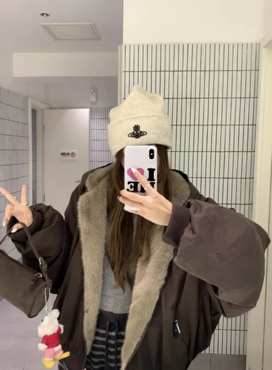 花生酱 美式复古仿貂毛座山雕棉服冬季加厚保暖棉衣连帽外套夹克