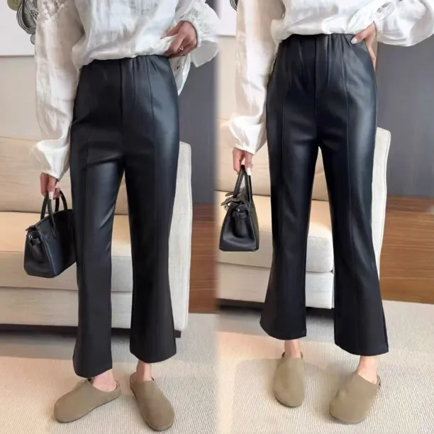 欧货冬季新款皮裤女高腰显瘦百搭蛋白皮九分微喇叭直筒裤仿皮裤潮