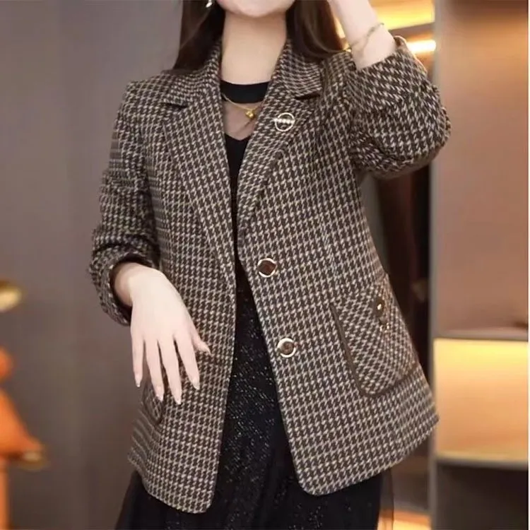 口袋直播款中年女秋装洋气小西装显瘦洋气千鸟格外套女妈妈装显瘦