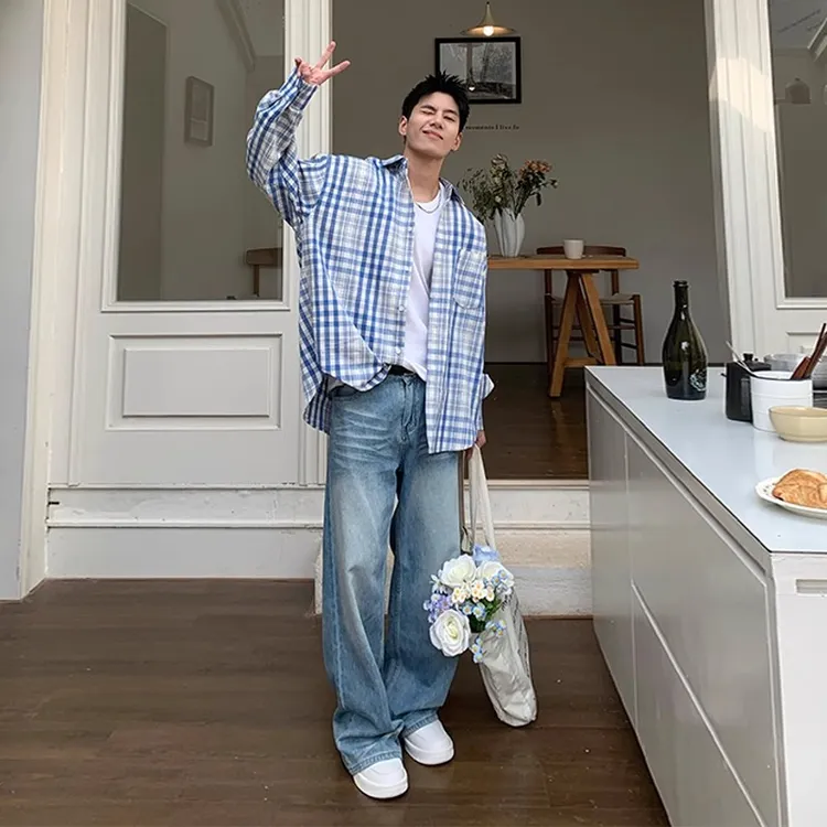 美式复古撞色格子长袖衬衫男2025春夏季新款潮牌慵懒休闲宽松衬衣