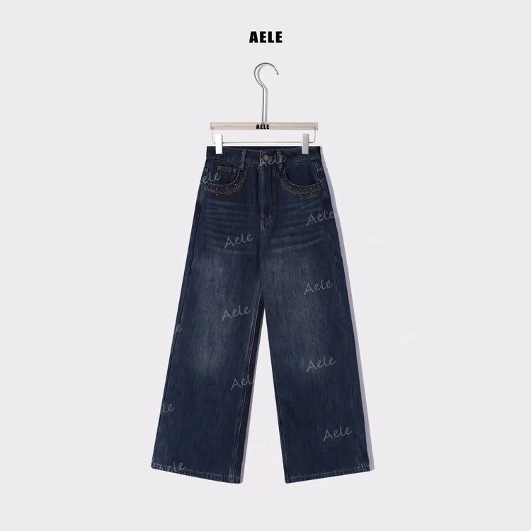 AELE时尚潮流高腰百搭复古镶珠设计休闲牛仔裤 K855 3358 AD-1