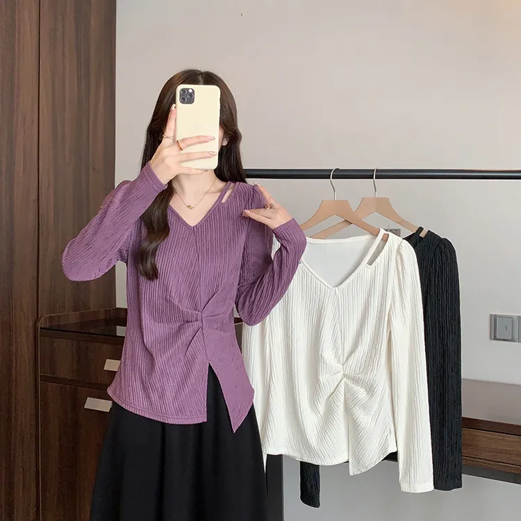 2025秋装新款胖mm大码女纯欲设计感镂空开叉坑条内搭长袖T恤A2305