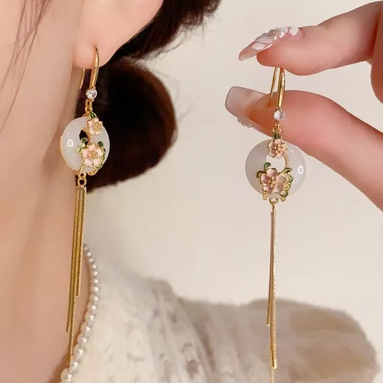 铜合金亚克力耳饰 新中式花朵平安流苏耳钩女小众设计高级感耳饰