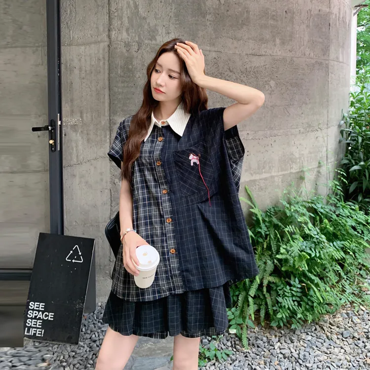 复古撞色格纹衬衫裙裤套装2025夏季新款小众韩系学院风时尚两件套