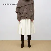 Y III CHUAN EO一川原创高腰显瘦通勤A字阔摆棉麻感百褶半身裙女