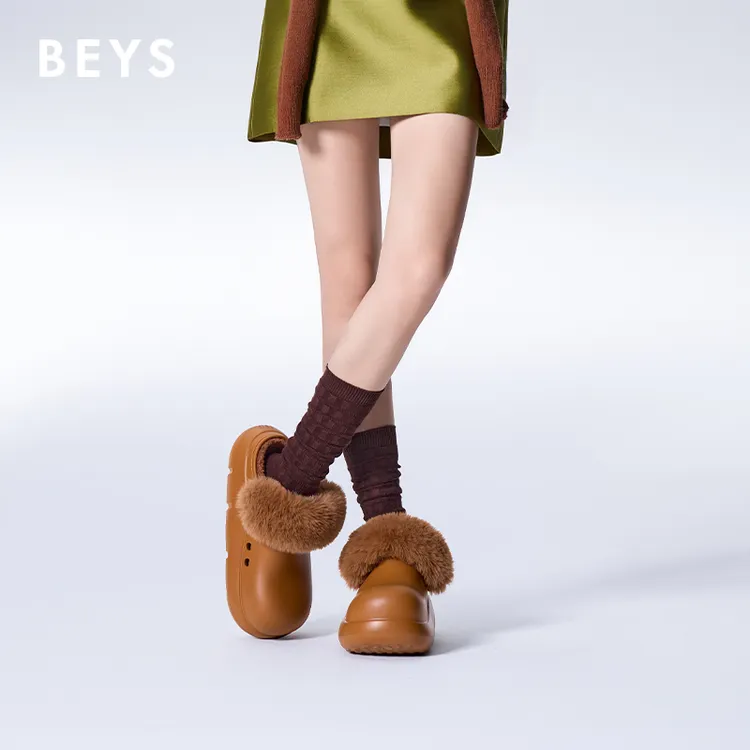 BEYS厚底加绒小丑拖秋上新防滑时尚外穿保暖毛绒包头毛毛半拖粉色