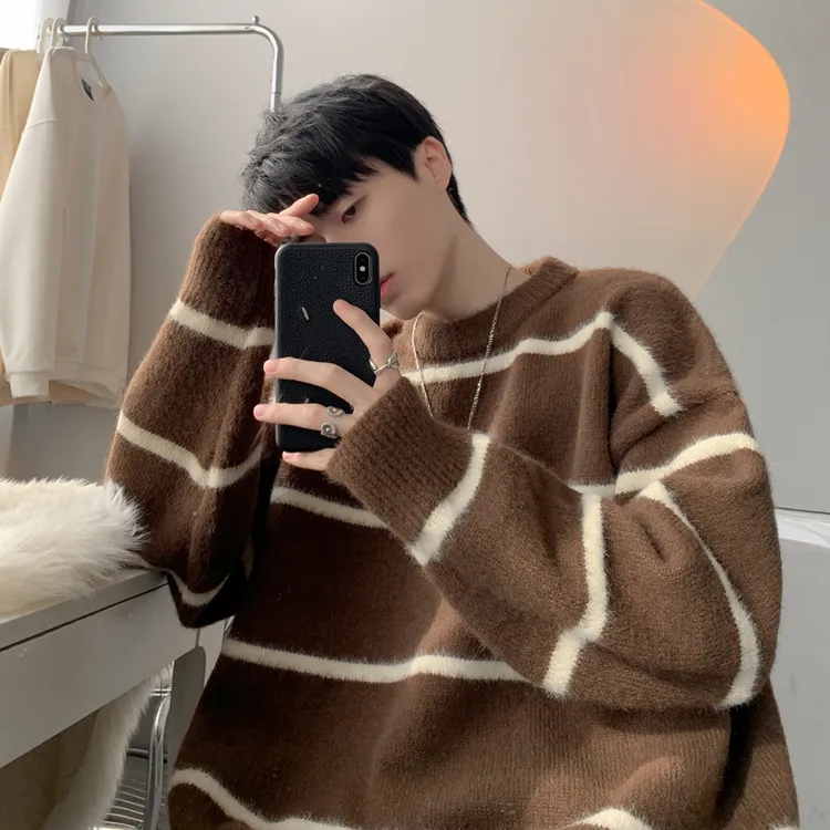 加大码男装条纹情侣毛衣男士秋冬青少年潮牌大码宽松针织衫毛衣男