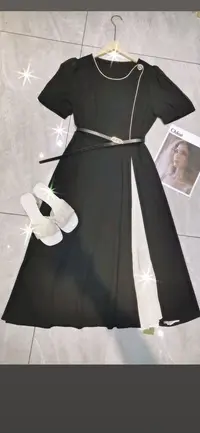 [H5721黑红连衣裙]夏季纯色蕾丝女士时尚气质简约潮拼接裙子