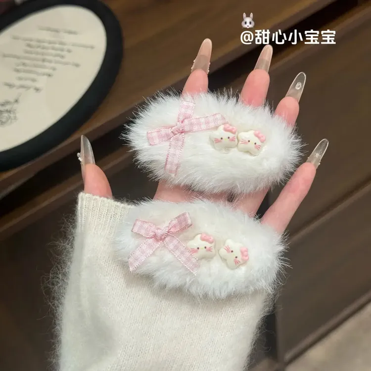 秋冬ins毛绒KT猫发夹毛茸茸星星卡通BB可爱发卡少女甜美发饰刘海