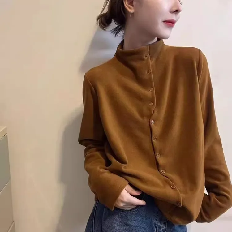 立领德绒长袖打底衫女2025秋冬新款韩版时尚简约保暖百搭显瘦上衣