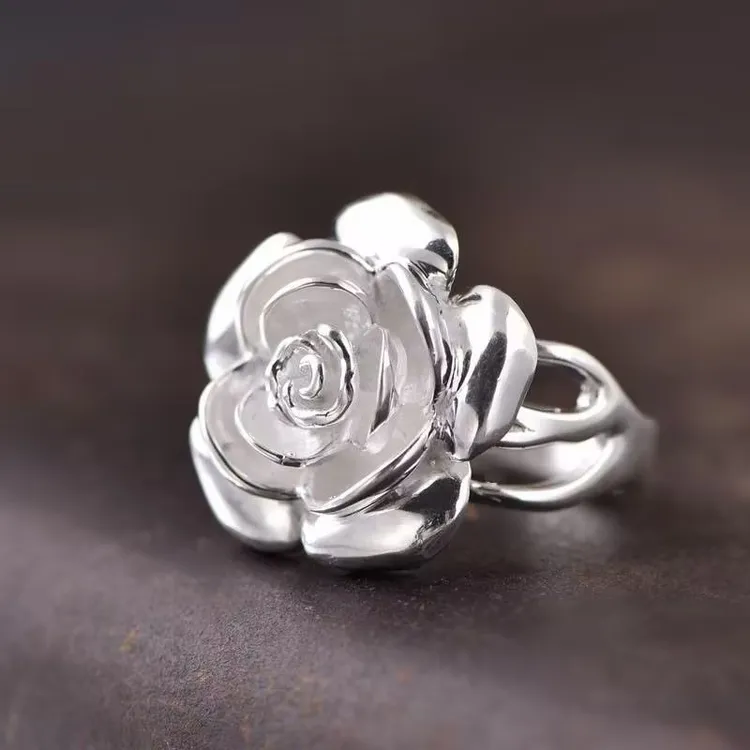 足银戒指 纯银戒指玫瑰花女士食指戒时尚轻职风气质开口夸张指环