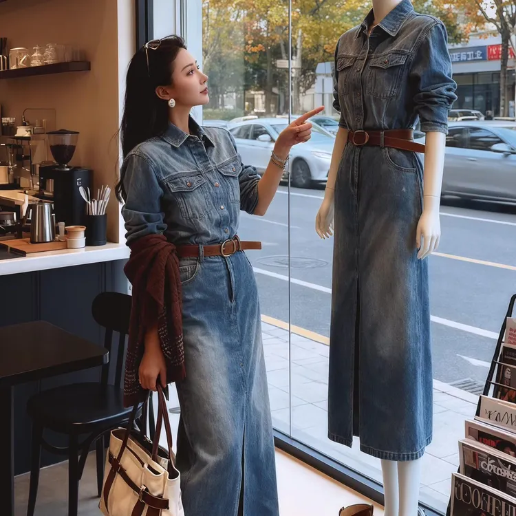 高级水洗复古牛仔连衣裙新款2025设计长袖中长款臀裙遮肉高贵港风