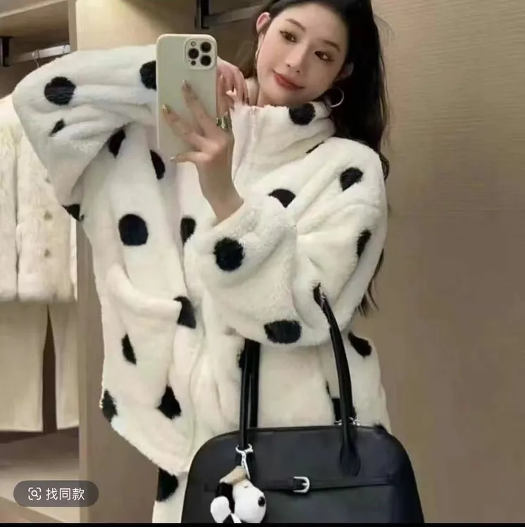 黑白波点时尚睡衣休闲舒棉绒家居服套装秋冬季宽松加厚女士S