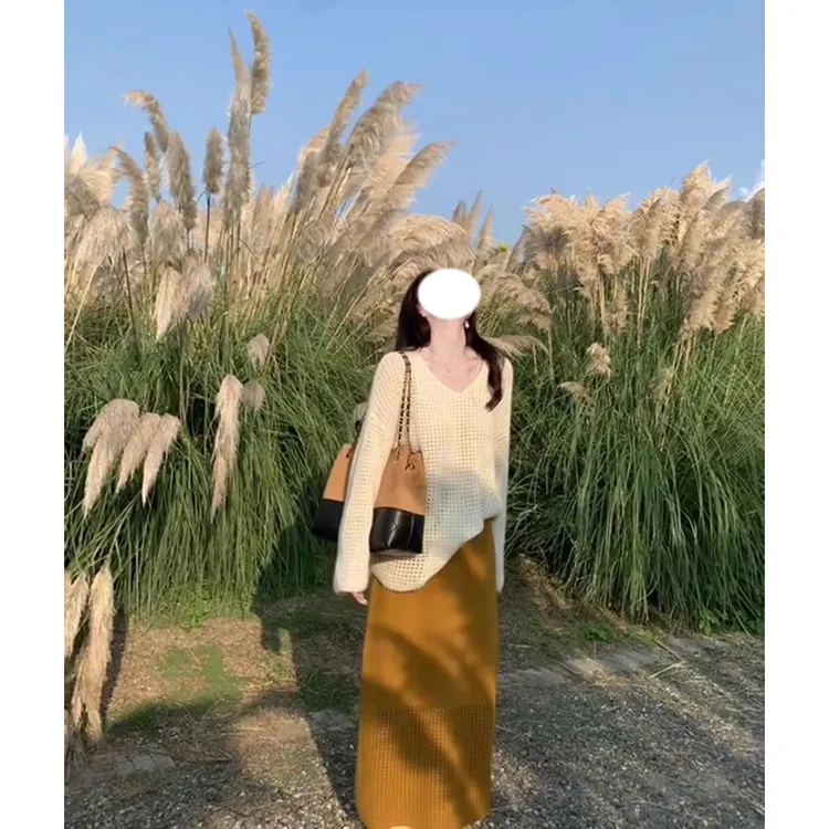 网红气质穿搭套装v领镂空设计感长袖针织衫女秋季拼接长裙两件套