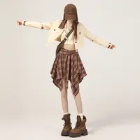 咖色格子不规则半身裙女秋季2025新款美拉德设计感假两件绑带裙子