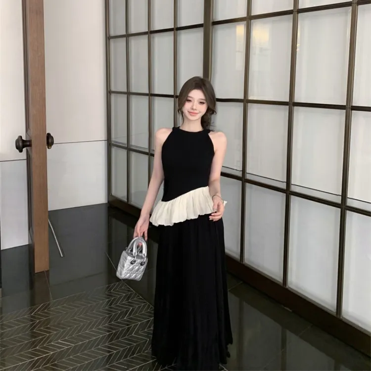 高级感套装荷叶边黑色背心女装夏季高腰半身裙长裙法式气质两件套