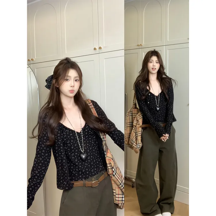 碎花吊带背心女2025年秋新款叠穿显瘦黑色开衫外套休闲直筒阔腿裤