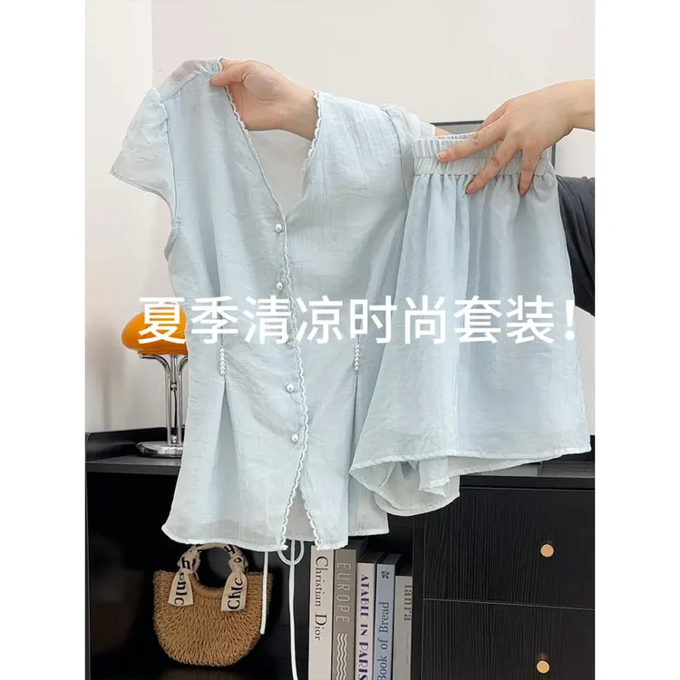 温柔夏季清凉时尚套装女法式气质v领短袖衬衫上衣半身裙裤两件套